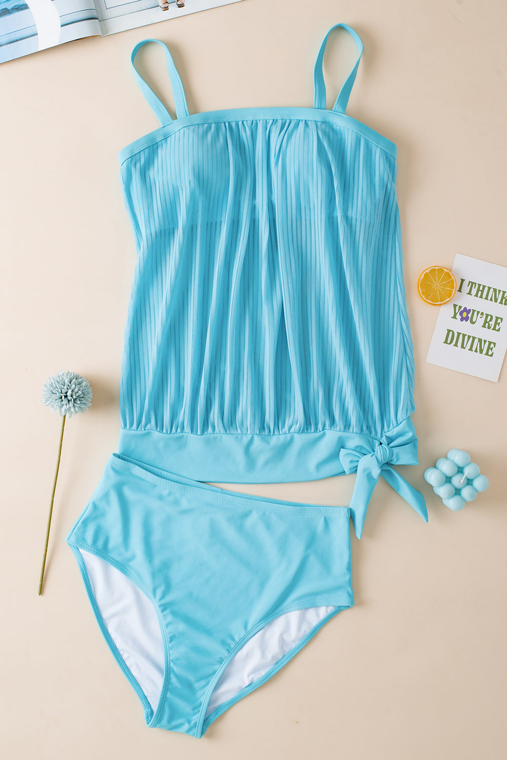 Mesh Turquoise Striped Knotted Hem Tankini Swimsuit