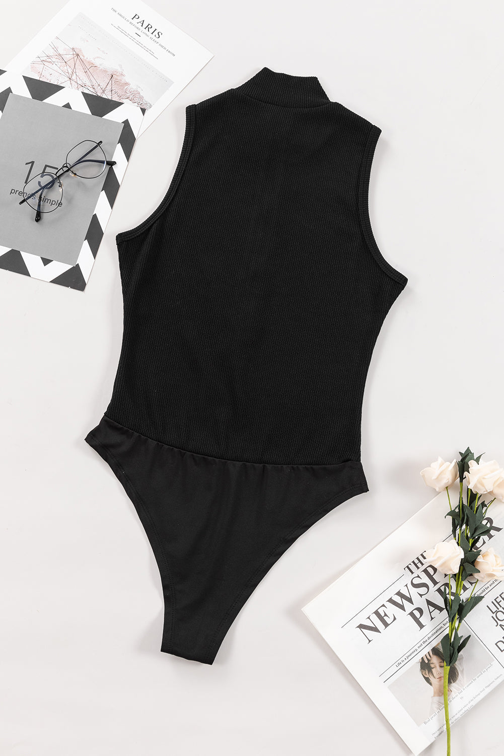 Women's Bodysuit with Rib-Knitted Zip up Mock Neck