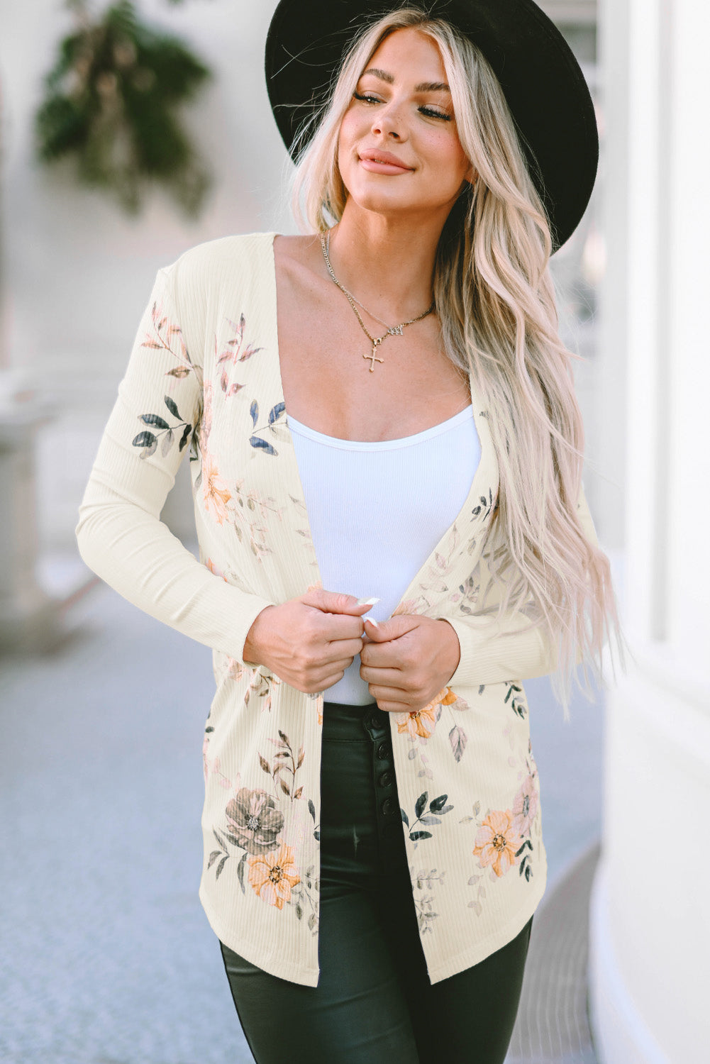 Women's Floral-Print Rib-Knitted Knitted Slim Fit Cardigan