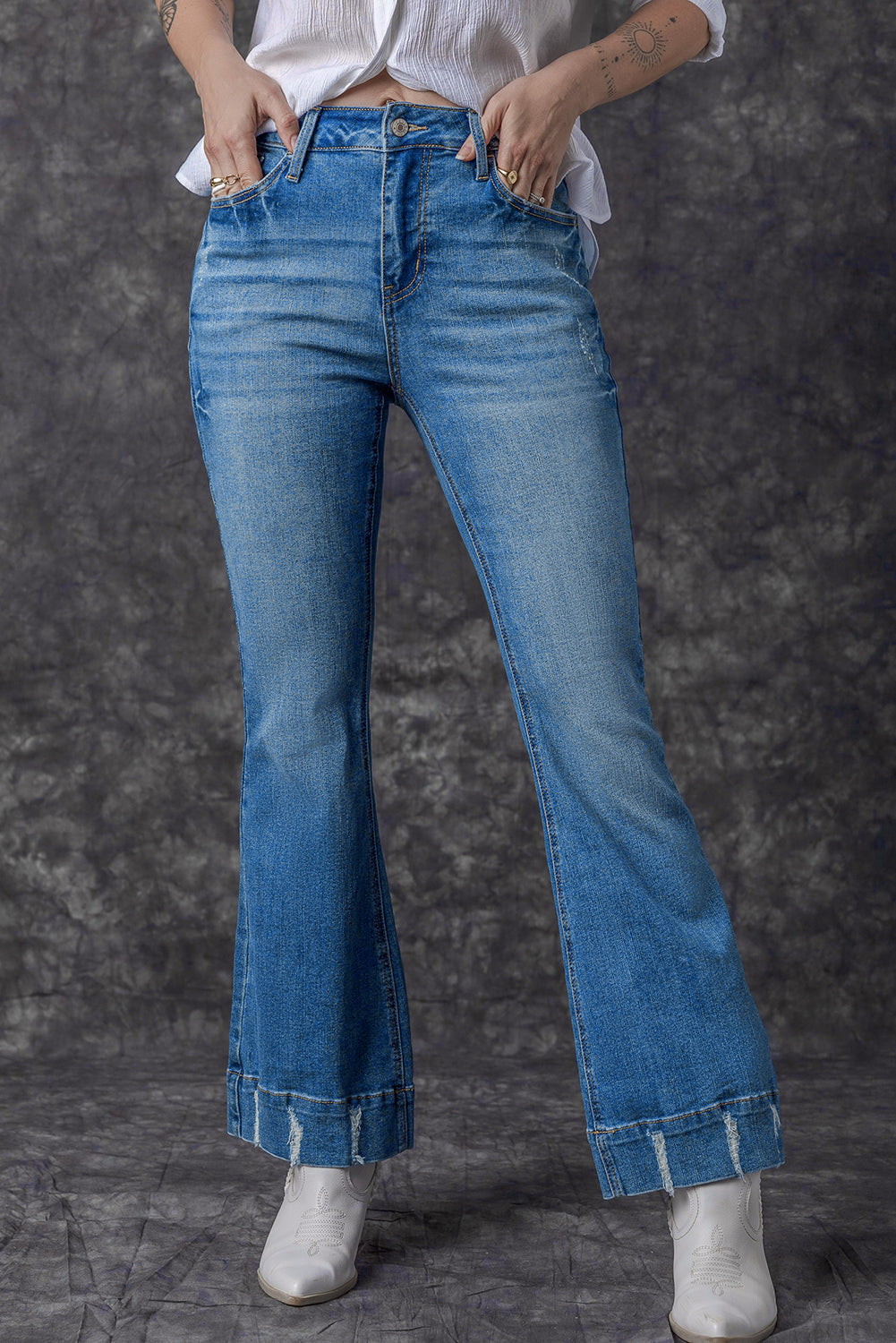 Women's Flare Jeans with Slight Distressed Wash