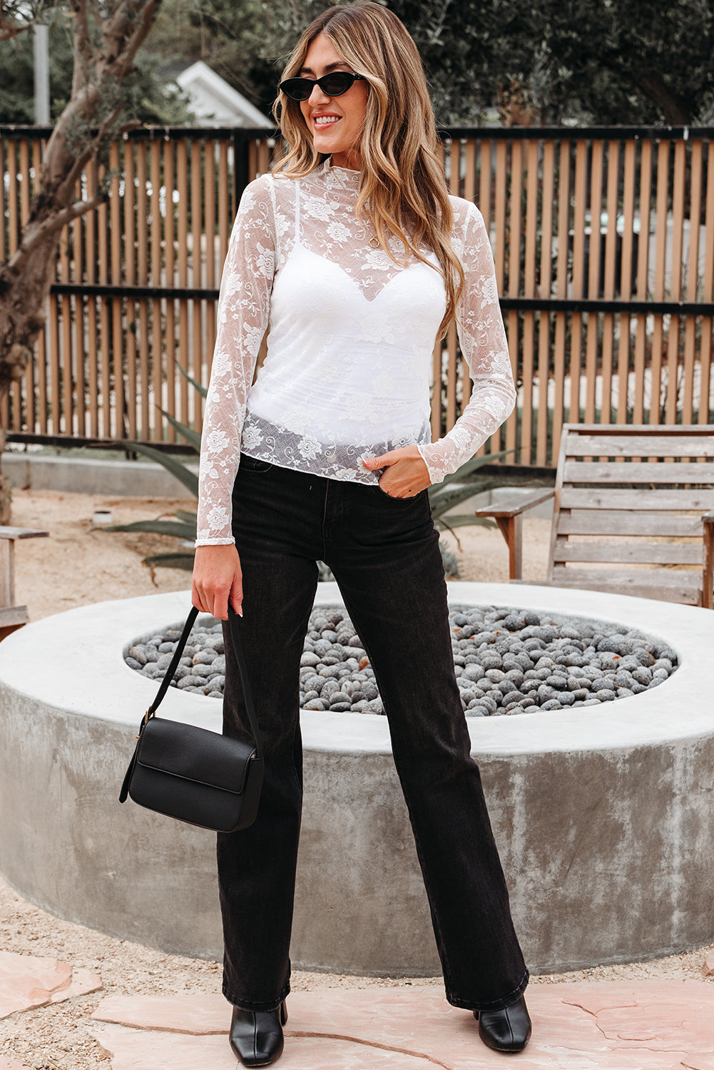 Lace Sheer Floral Mesh Mock-Neck Long-Sleeved Top in White
