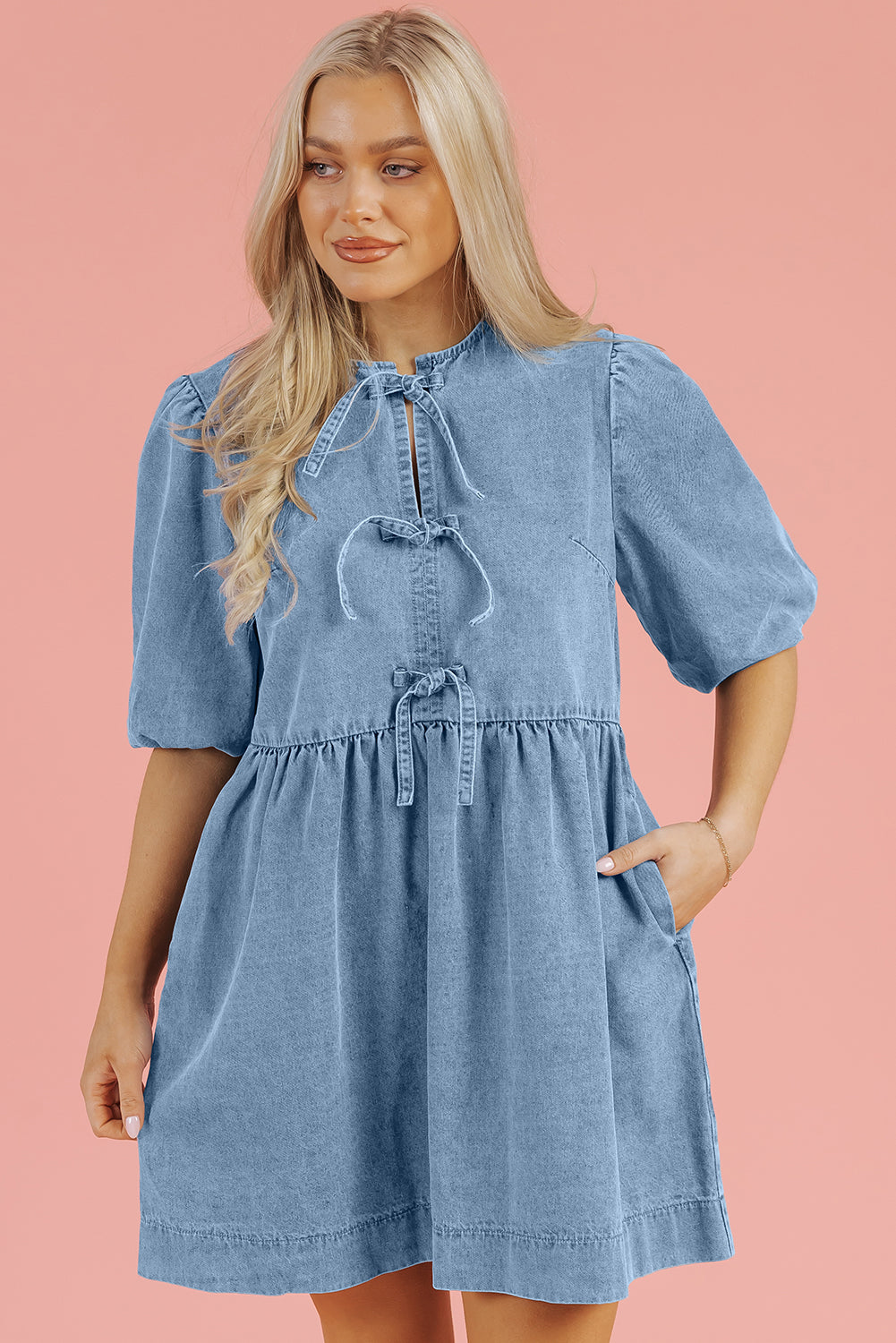 Bowknot Bubble Sleeve Short-Length Denim Dress