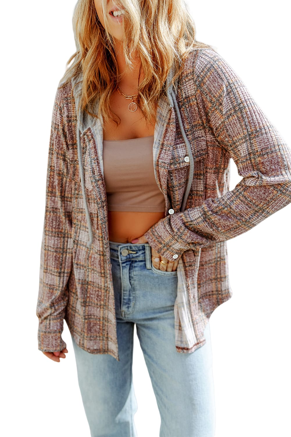 Women's Shacket with Drawcord Plaid Hooded