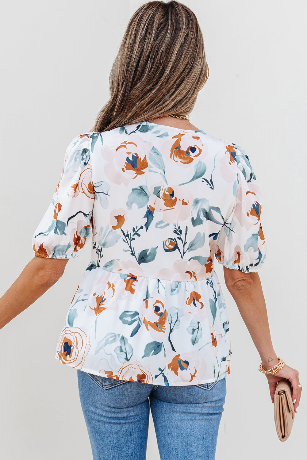 Floral-Print Puff Sleeve V-Neck Babydoll Blouse