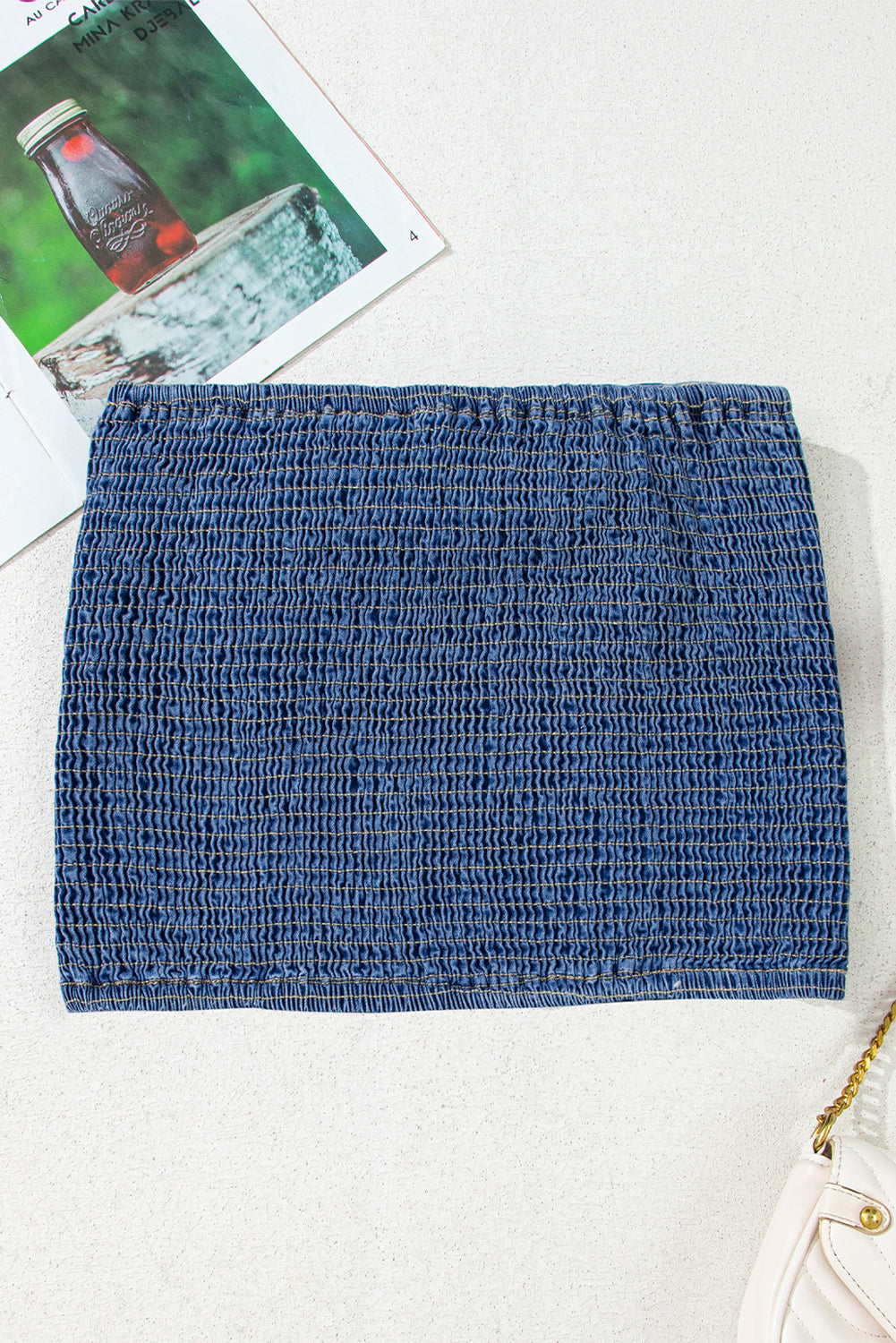 Front Retro Bow Smocked Back Denim Tube Top