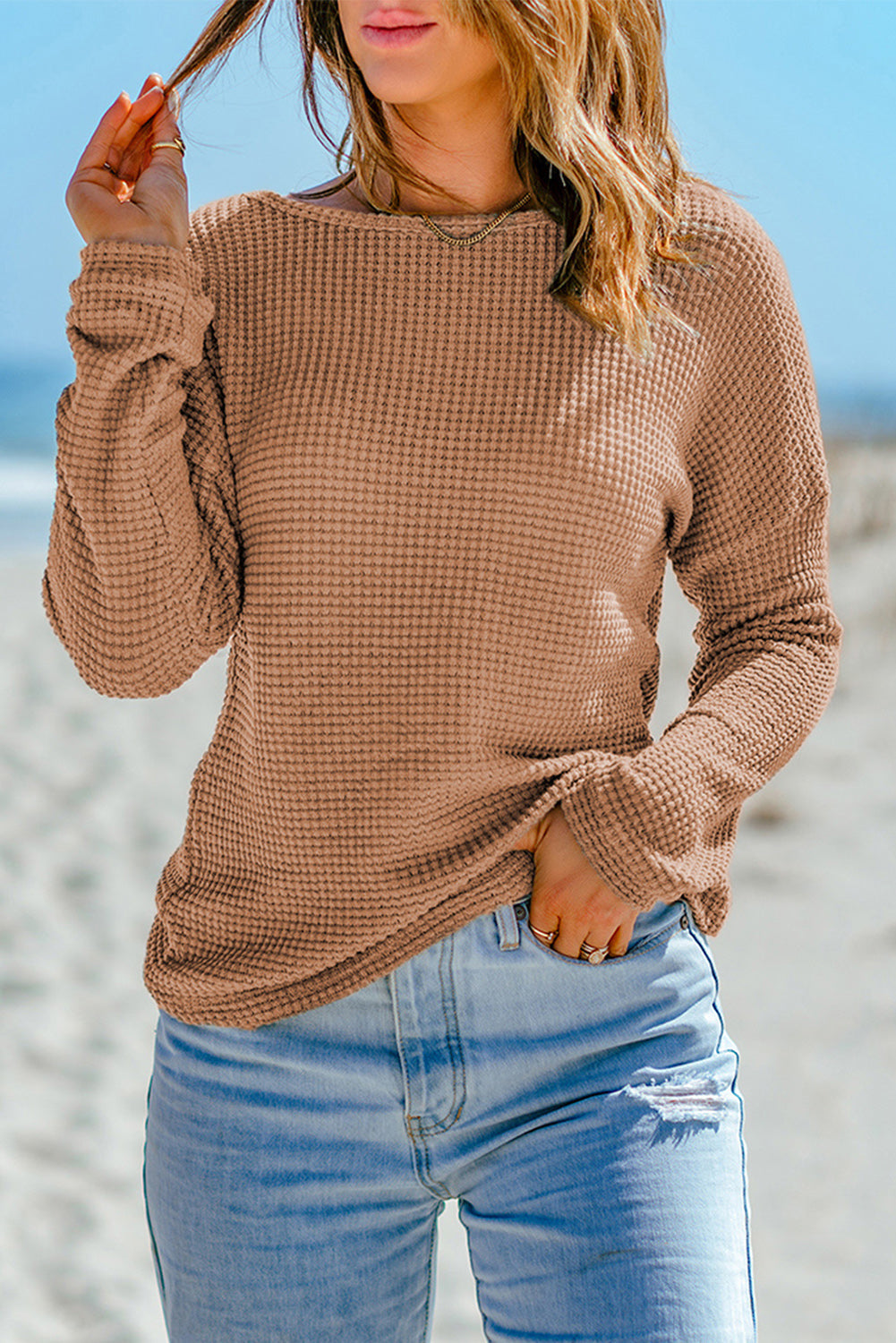 Top for Women Long-Sleeve Waffle Dropped-Shoulder