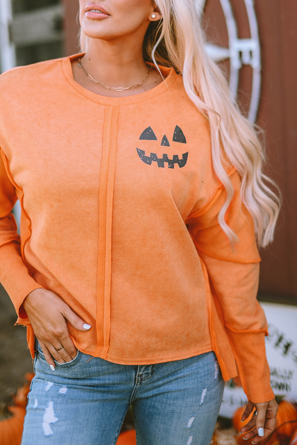 Women's Sweatshirt with Halloween Pumpkin Face Patchwork