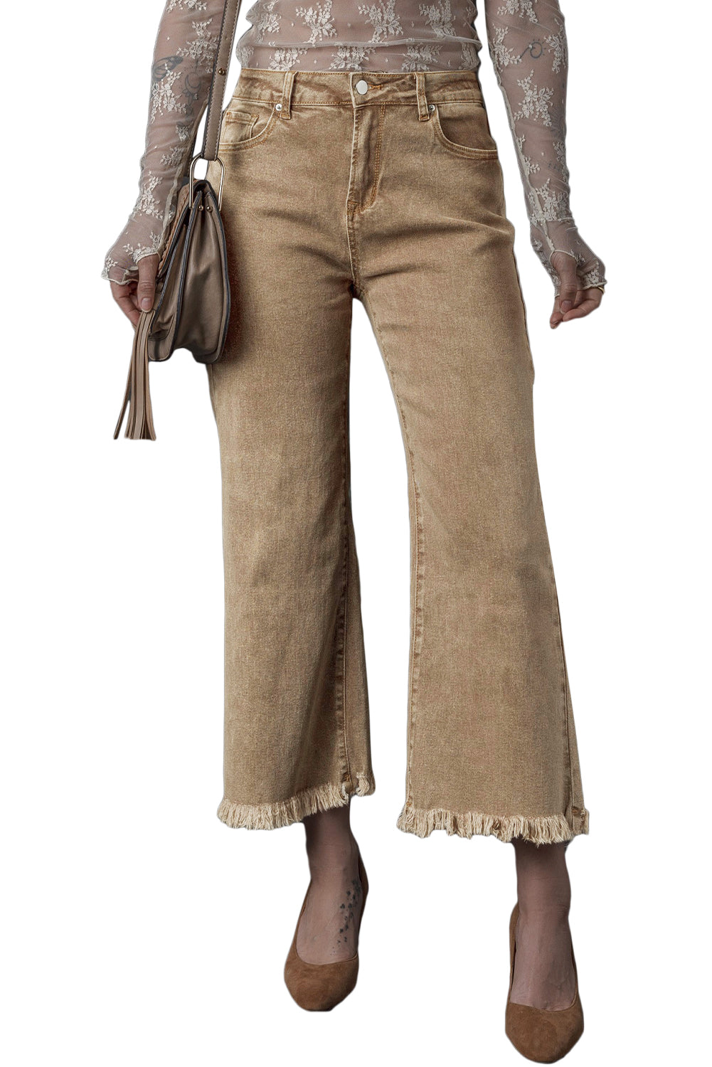Women's Jeans Featuring Acid Washed High Rise Cropped Wide-Leg