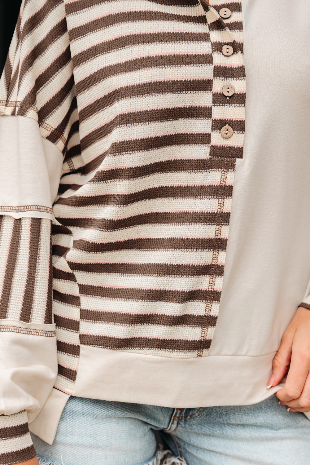 Patchwork Stripe Colorblock Roomy Pullover Top in Khaki