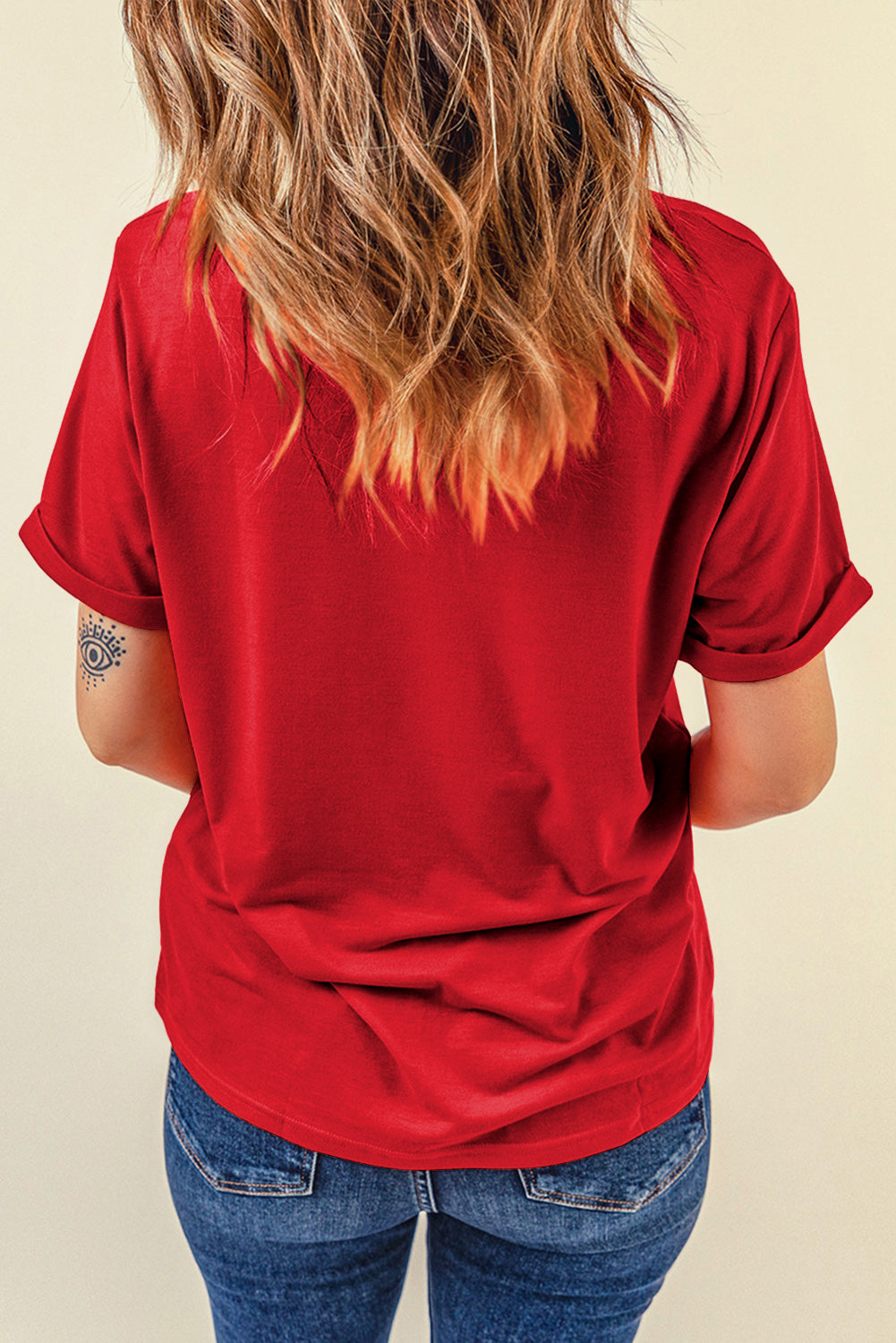 Women's Tee with Red Everyday Plain Crew Neck