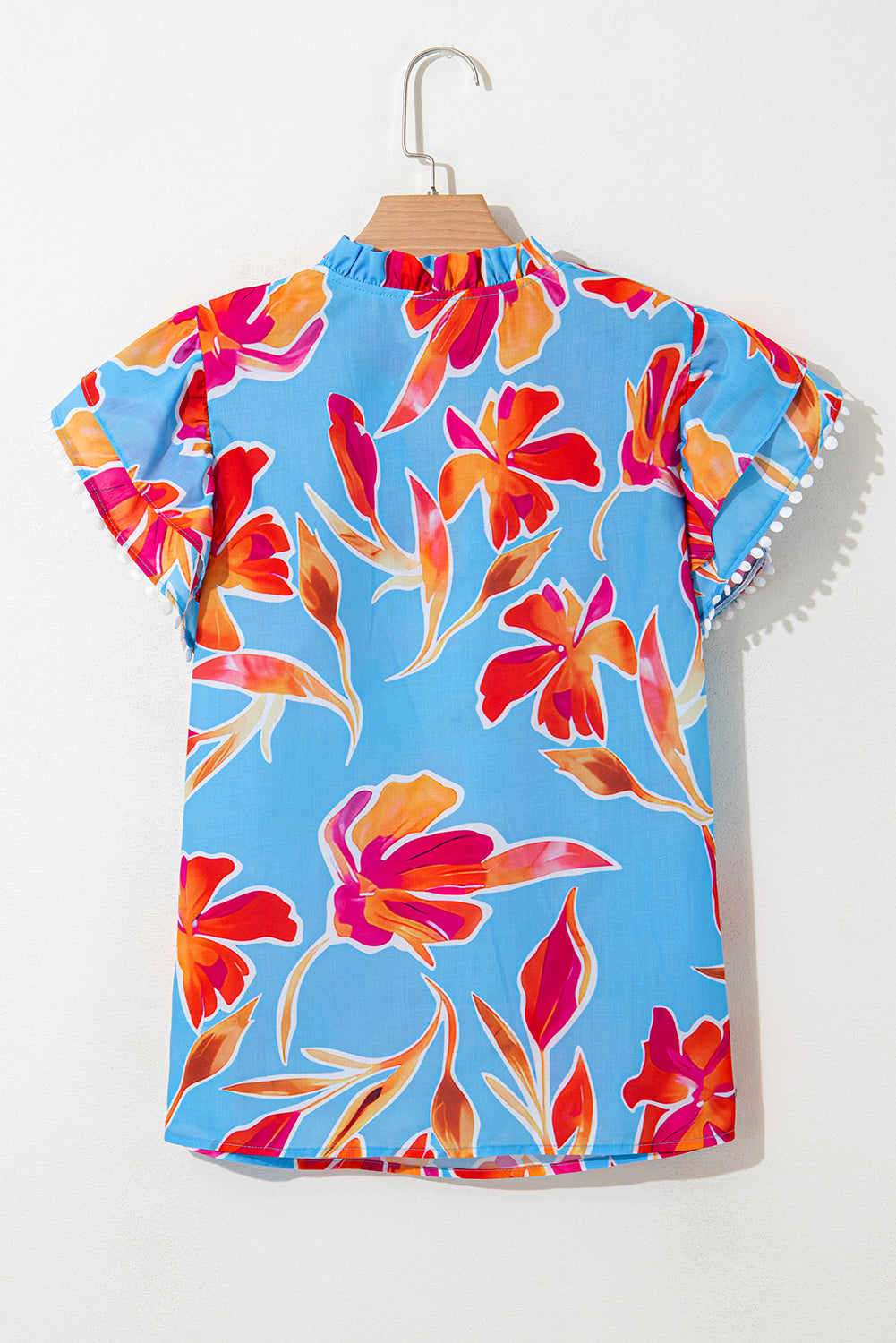 Floral-Print Trim V-Neck Pompom Flutter Sleeve Blouse