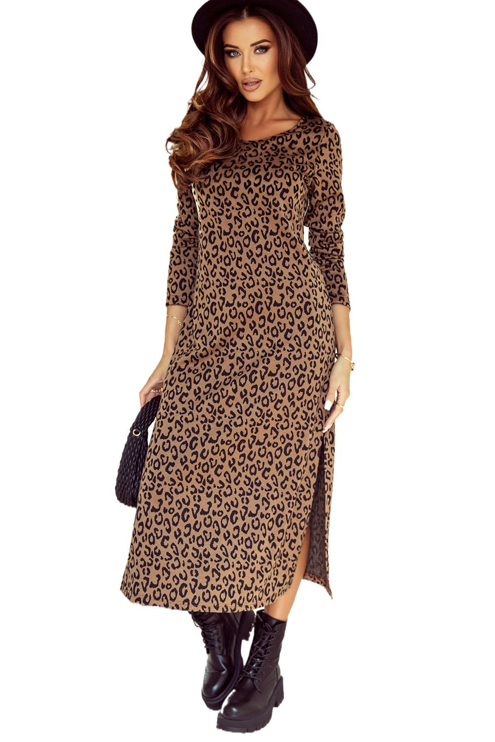 Women's Dress Featuring Split Round Neck Long-Sleeve