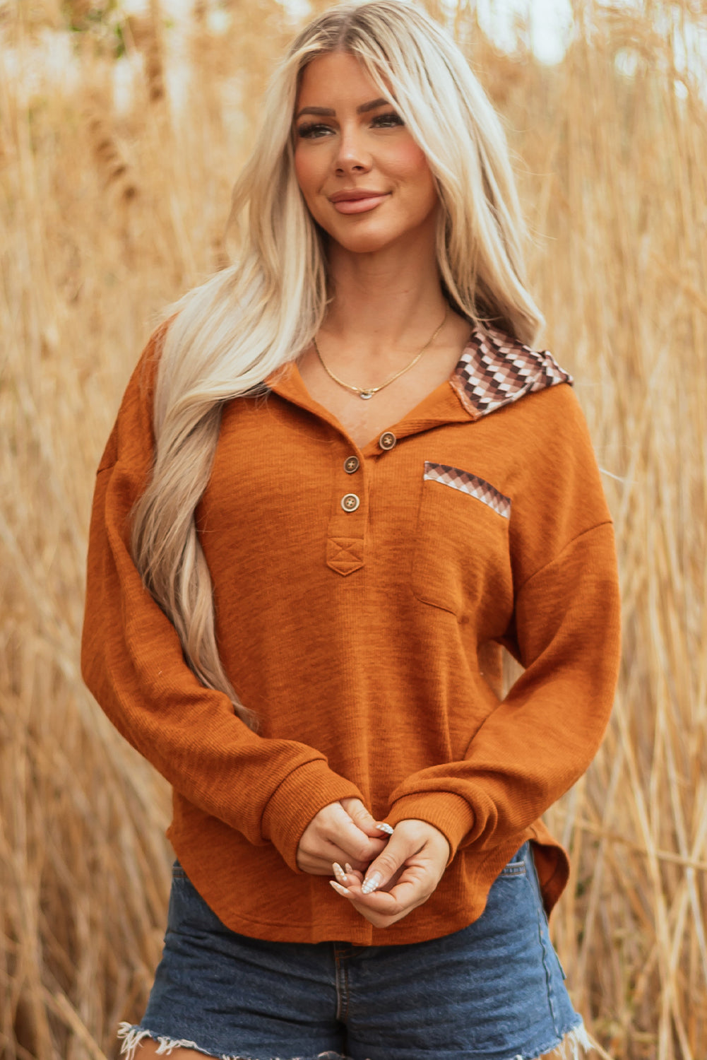 Yellow Contrast Straw Contrast Plaid Hood Patchwork Chest Pocket Henley Top