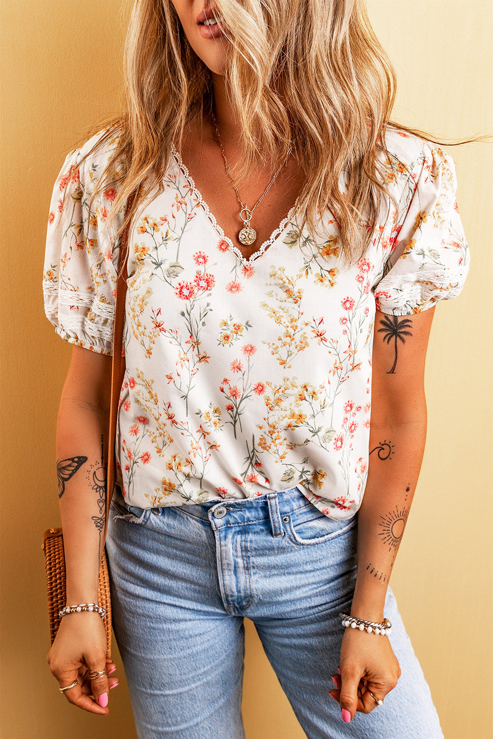 Women's Blouse with Lace-Trimmed Bohemian Floral-Print
