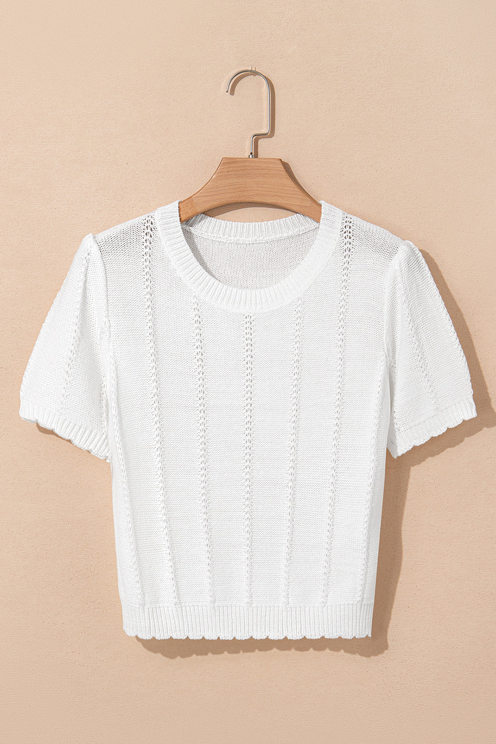 White Pointelle Knit Short Sleeve Crewneck Sweater