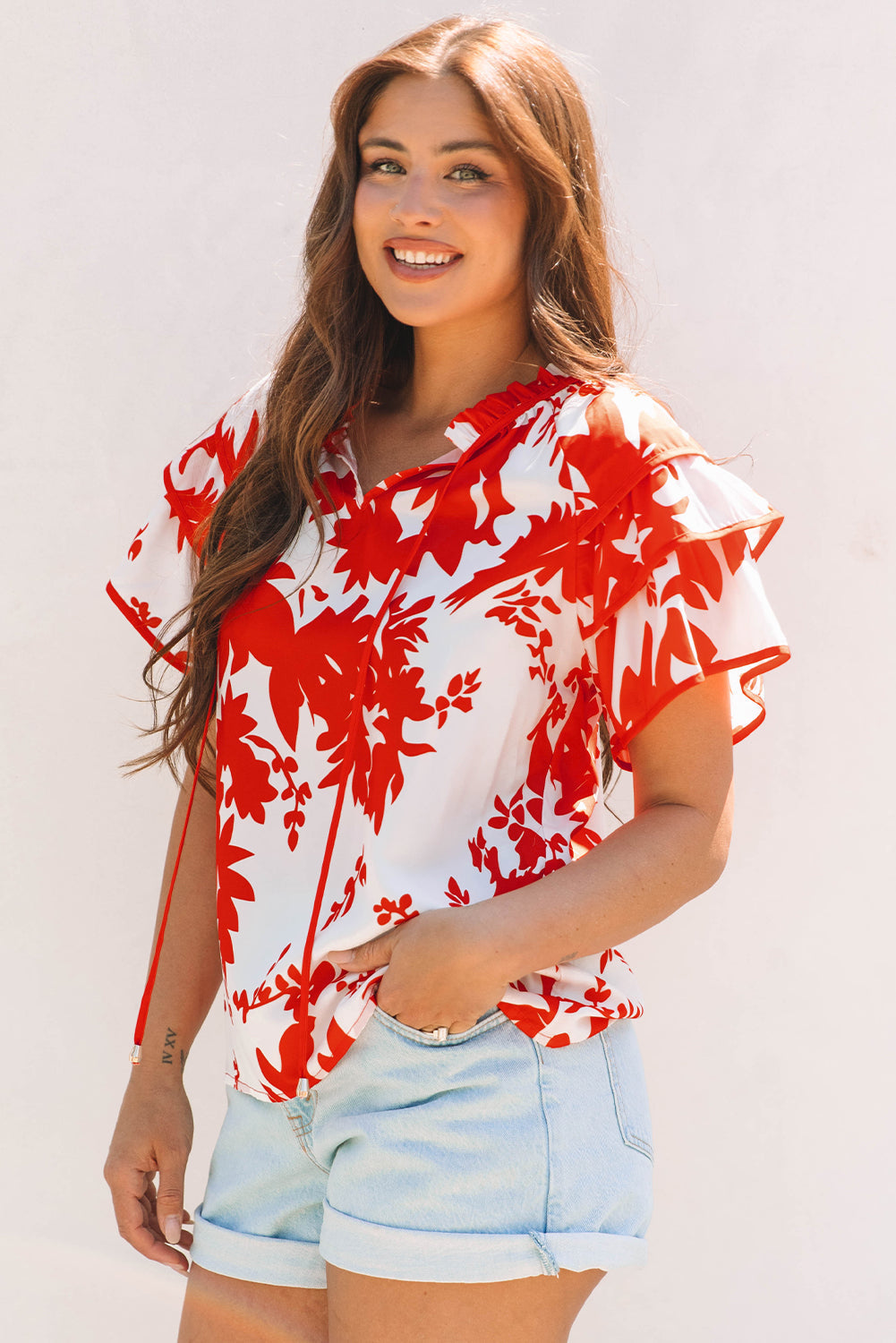 Plant Print Tiered Ruffled Sleeve V Neck Blouse