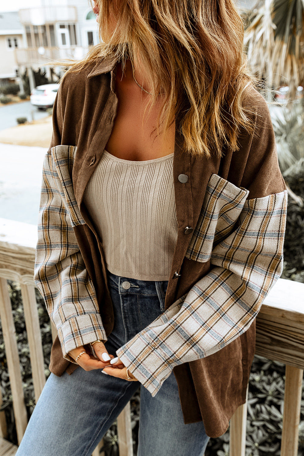 Women's Shirt Jacket Featuring Cord Plaid Patchwork