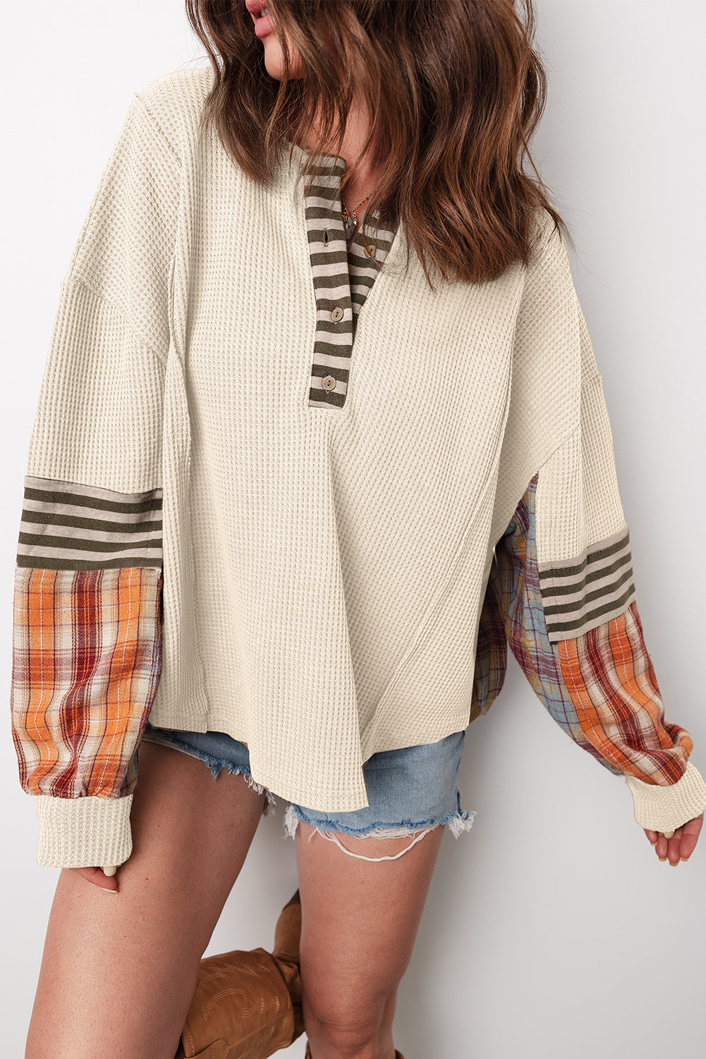 Stripe Plaid Waffle Plaid Patchwork Henley Knit Top