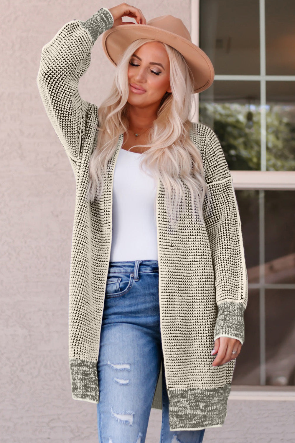 Cardigan for Women Plaid Knitted Long Open Front Apricot