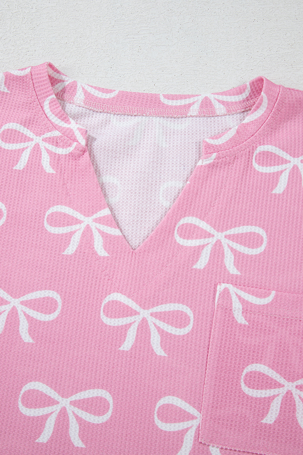 Waffle Printed Knit Bowknot V-Neck T Shirt and Shorts Set