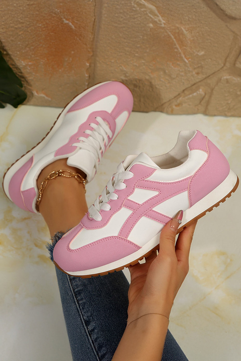 Colorblock Lace-up PU Leather Sneakers