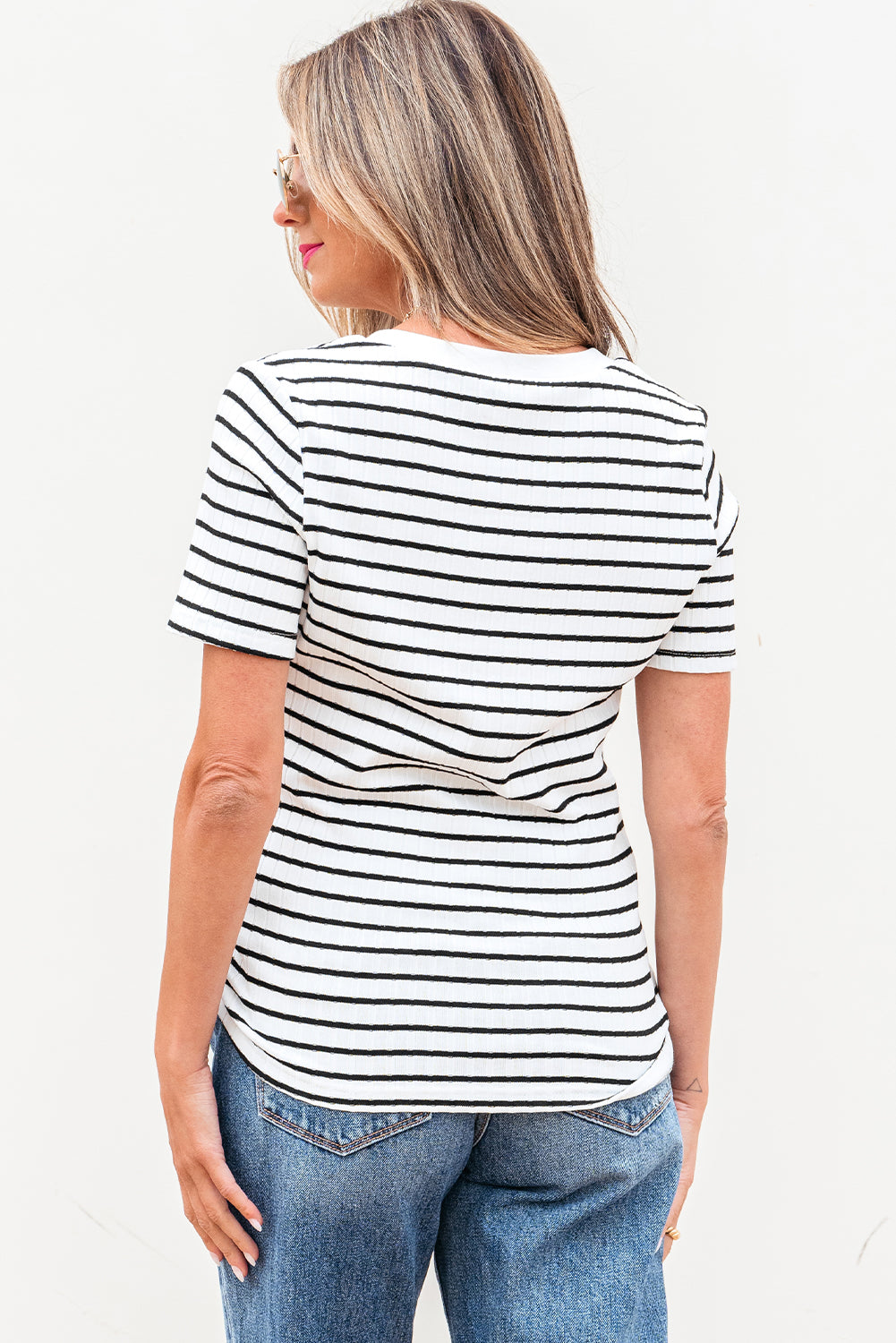 Textured Short Sleeve Buttoned Henley Top