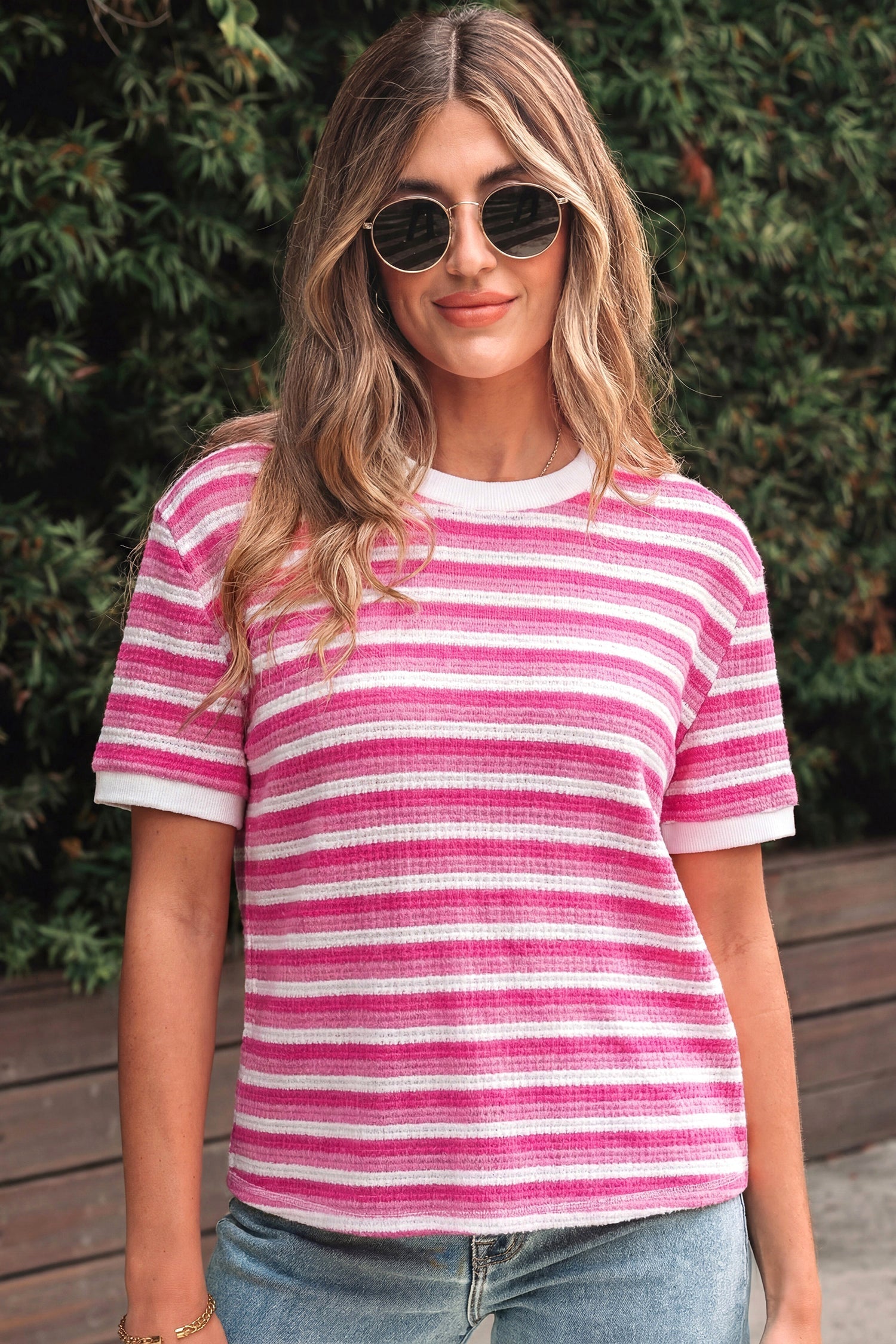 Sachet Pink Textured Knit Short-Sleeved Crossed Detail Tee