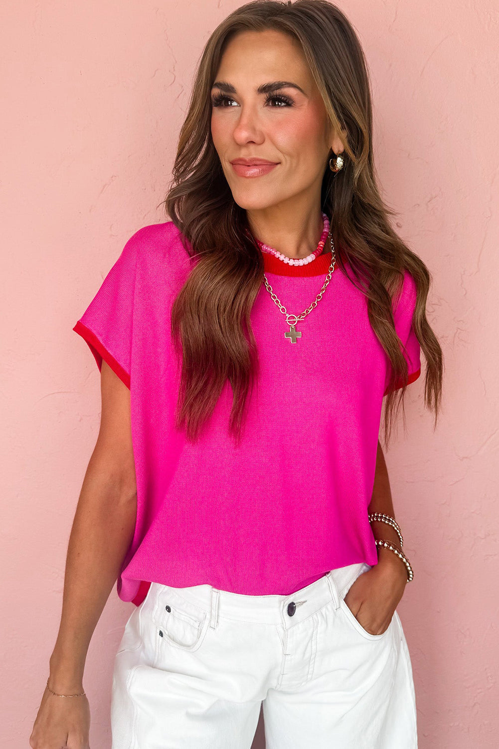 Contrast Short-Sleeved Trim Round-Neck Loose Knit Knit Top Style