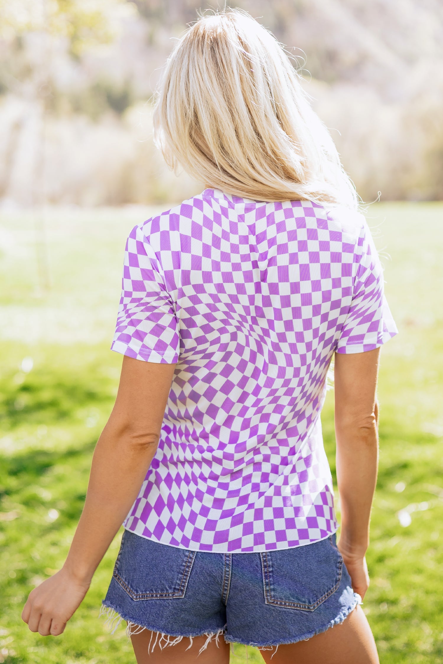 Print Crew-Neck Checkered Crew-Neck Mesh T Shirt