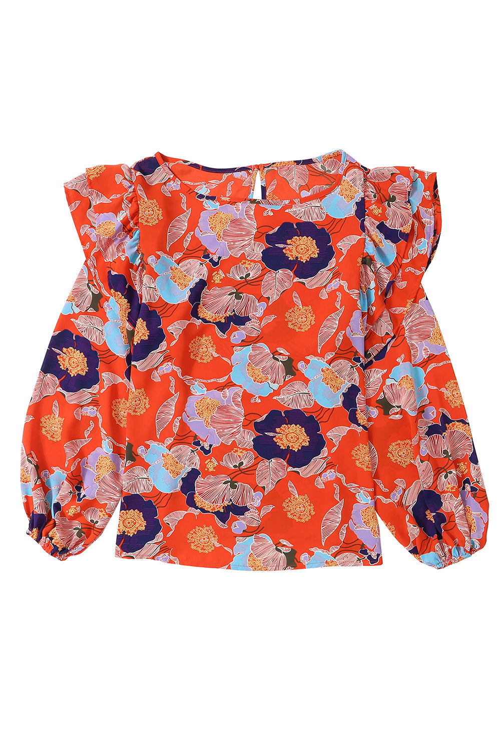 Women's Blouse Featuring Ruffle-Trimmed Balloon Sleeve Floral-Print Print