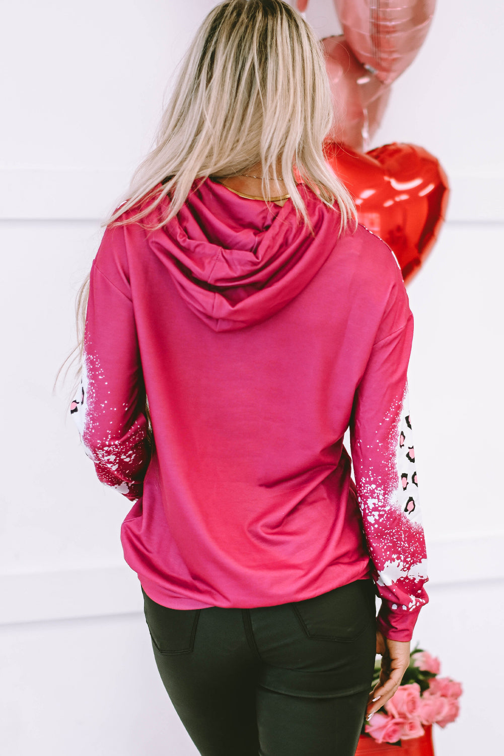 Women's Hoodie Featuring LOVE Leopard-Print Bleached Pocket