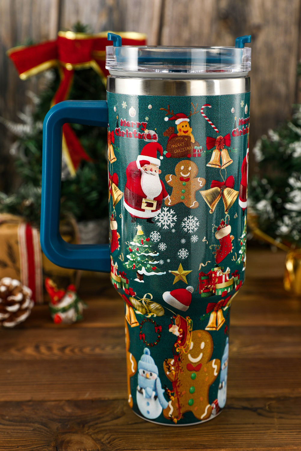 Handled Christmas Print Stainless Steel Tumblers 40oz