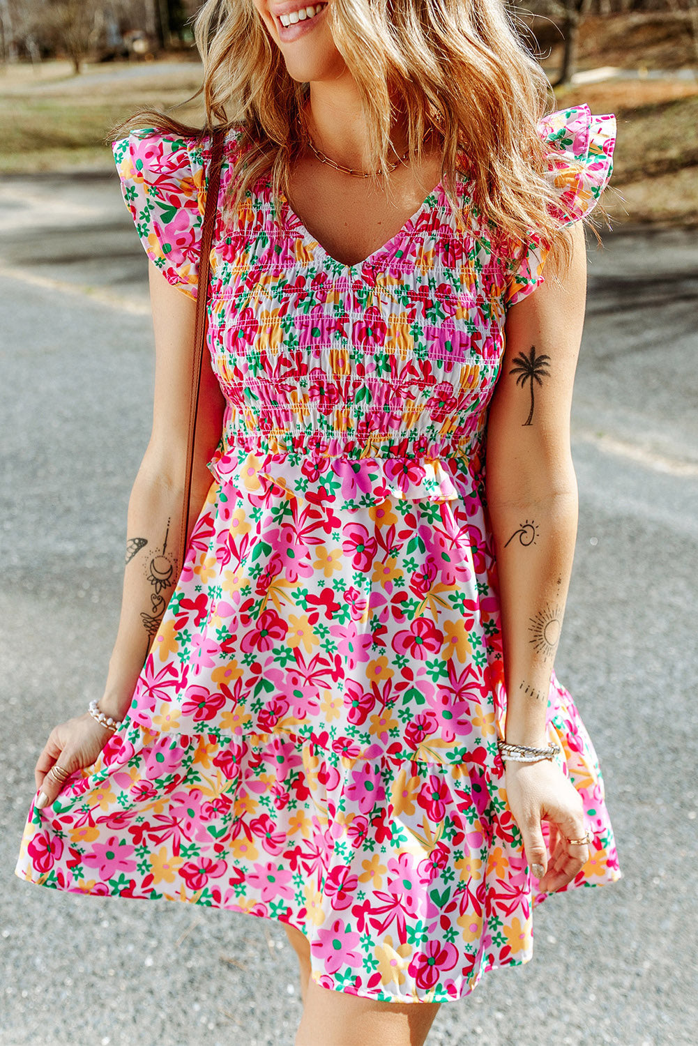 Women's Floral Dresses Featuring Shirred Bodice Ruffle-Trimmed