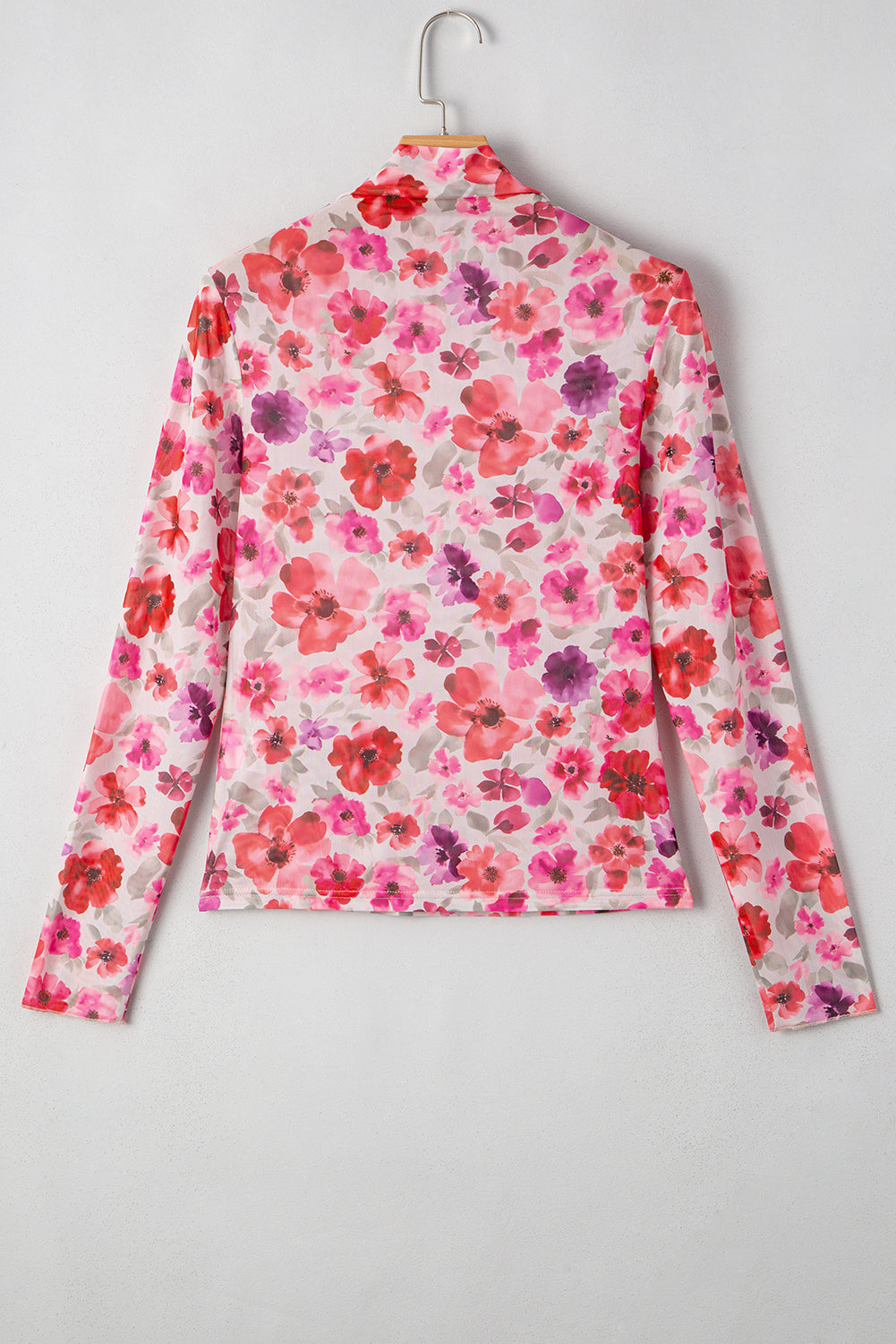 Floral-Print Fit Long-Sleeved Slim Mesh Top in Red