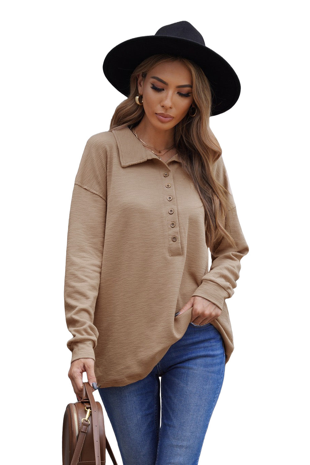 Women's Button Turn-down Neck Knit Top