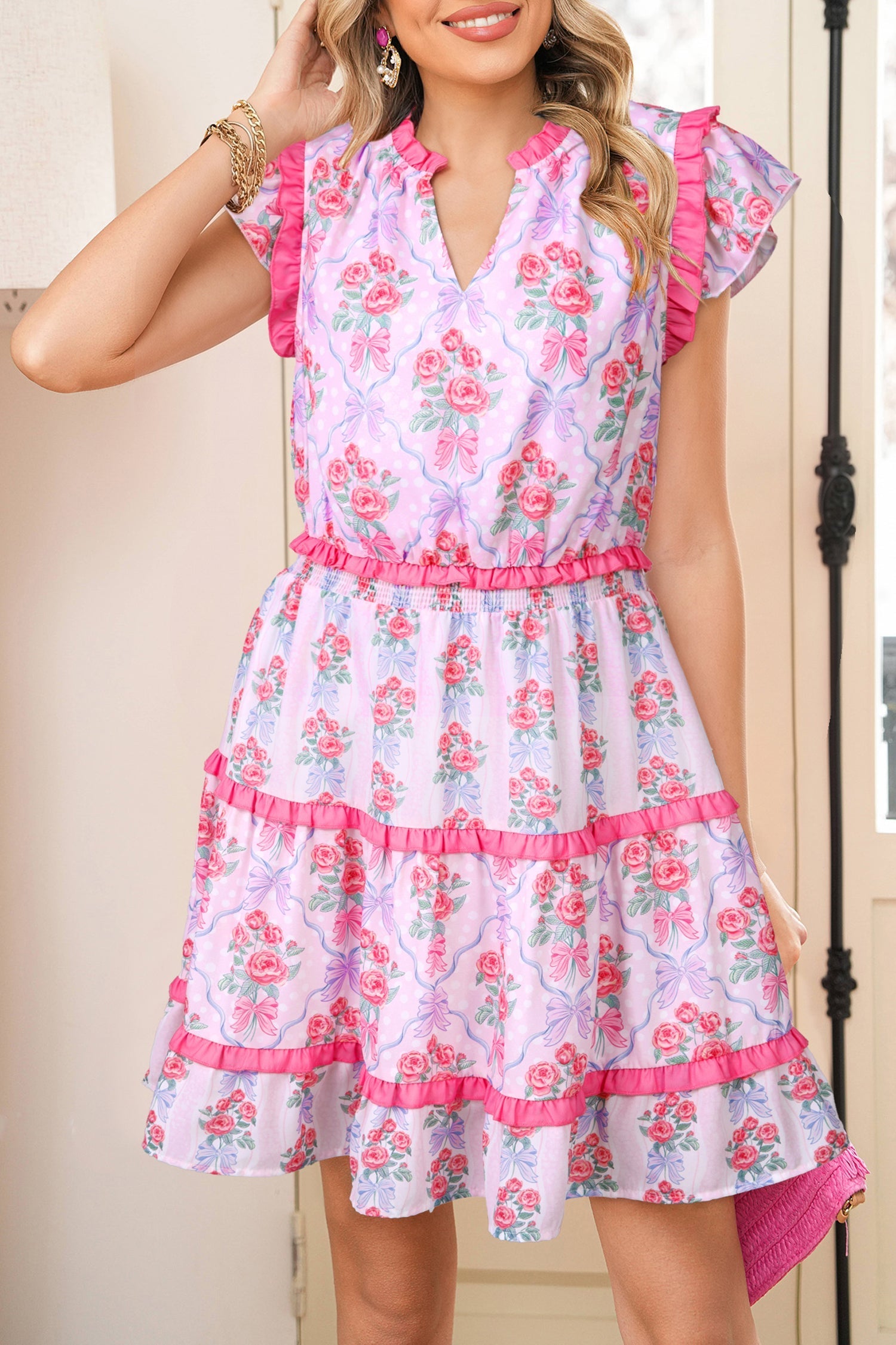 Tiered Ruffles Sleeveless Summer Floral Dress in Purple