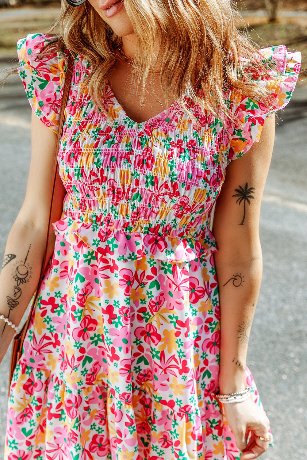 Women's Floral Dresses Featuring Shirred Bodice Ruffle-Trimmed