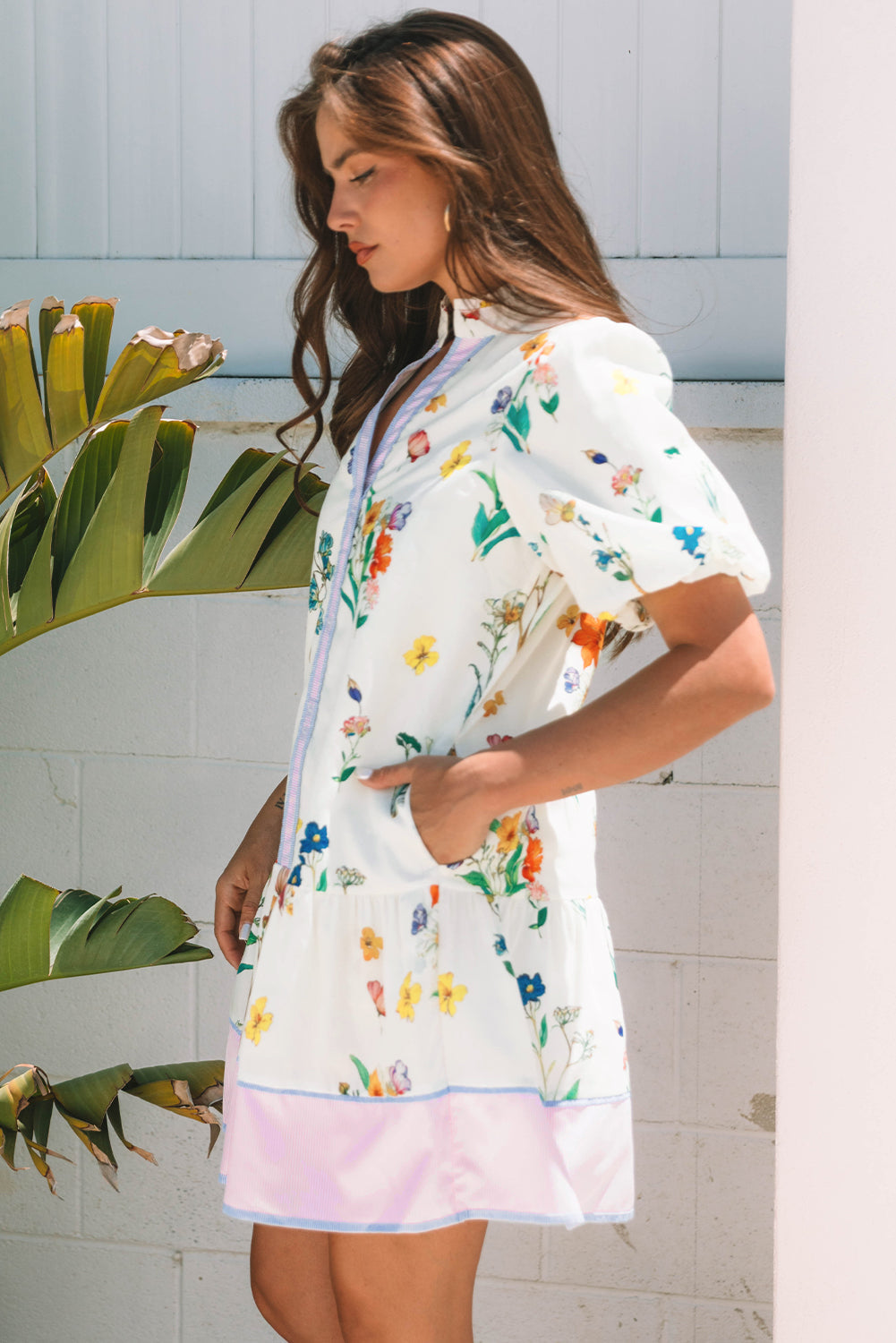 Floral Print Contrast Striped Puff Sleeve Dress