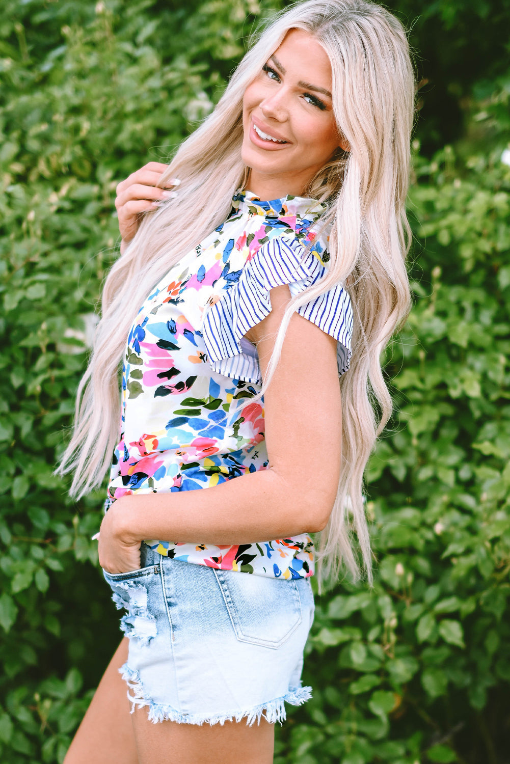 Women's Blouse with Floral-Print Print Striped Ruffle-Trimmed Sleeve