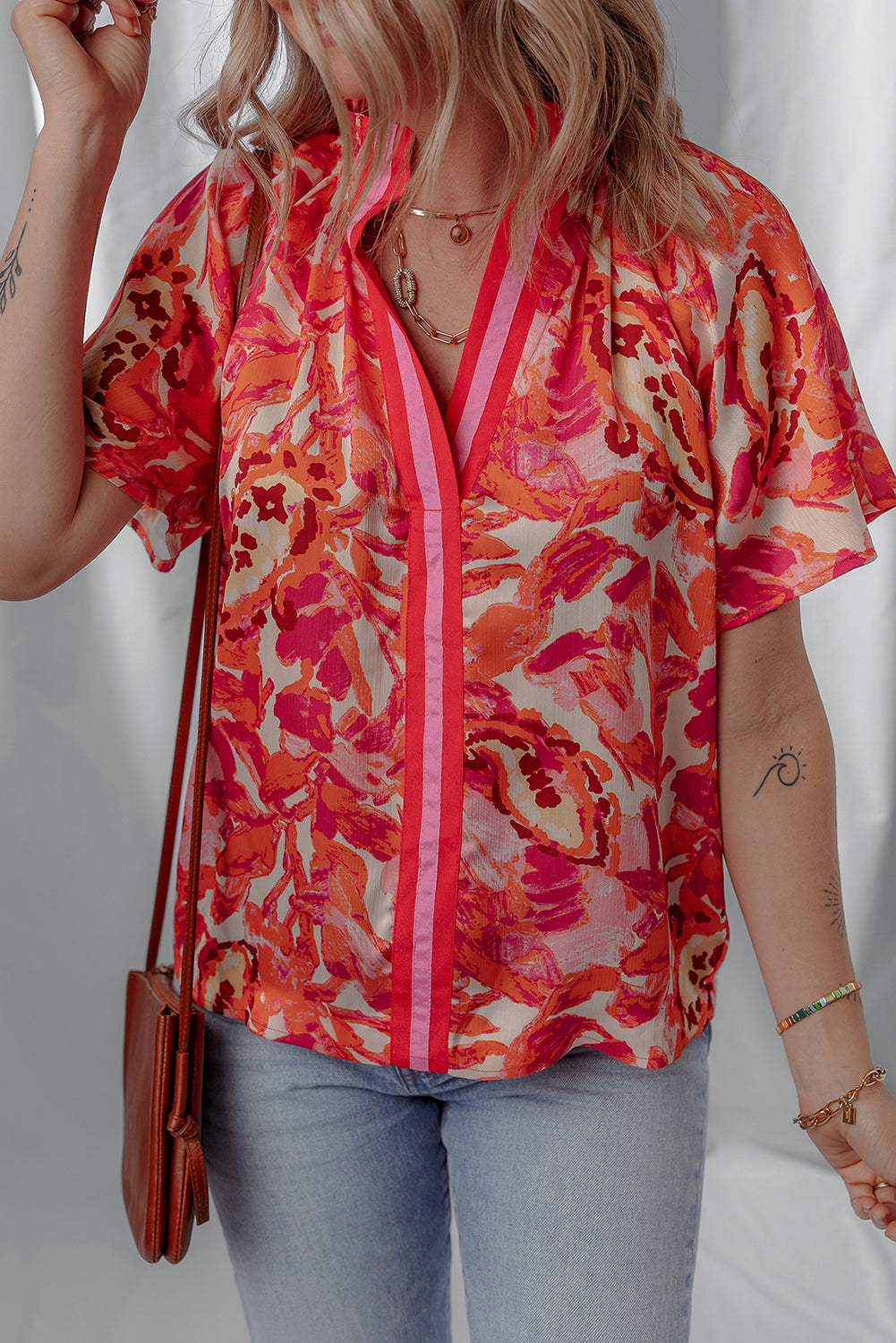 Striped Abstract Print Trim Split Neck Blouse