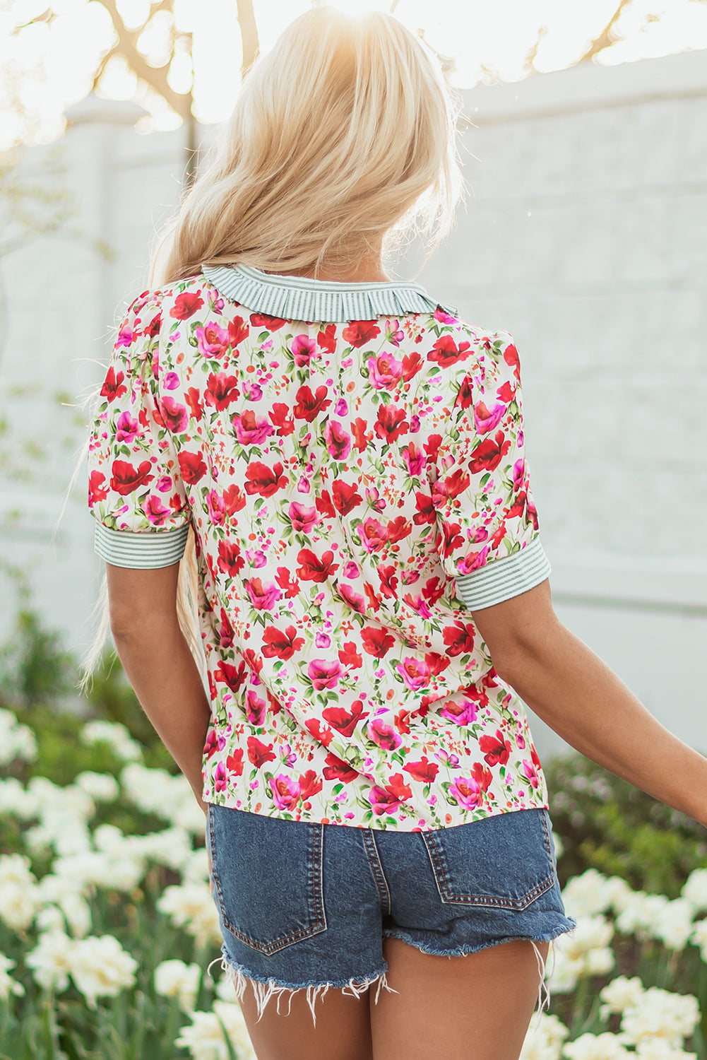 Floral-Print Collared Striped Patchwork Short-Sleeved Blouse
