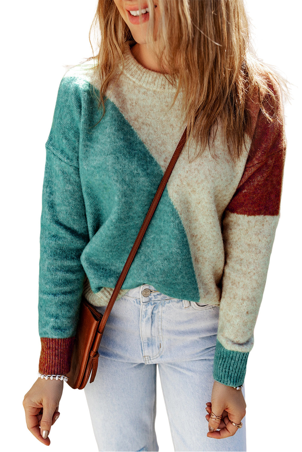 Women's Sweater with Rib-Knitted Trim Round Neck