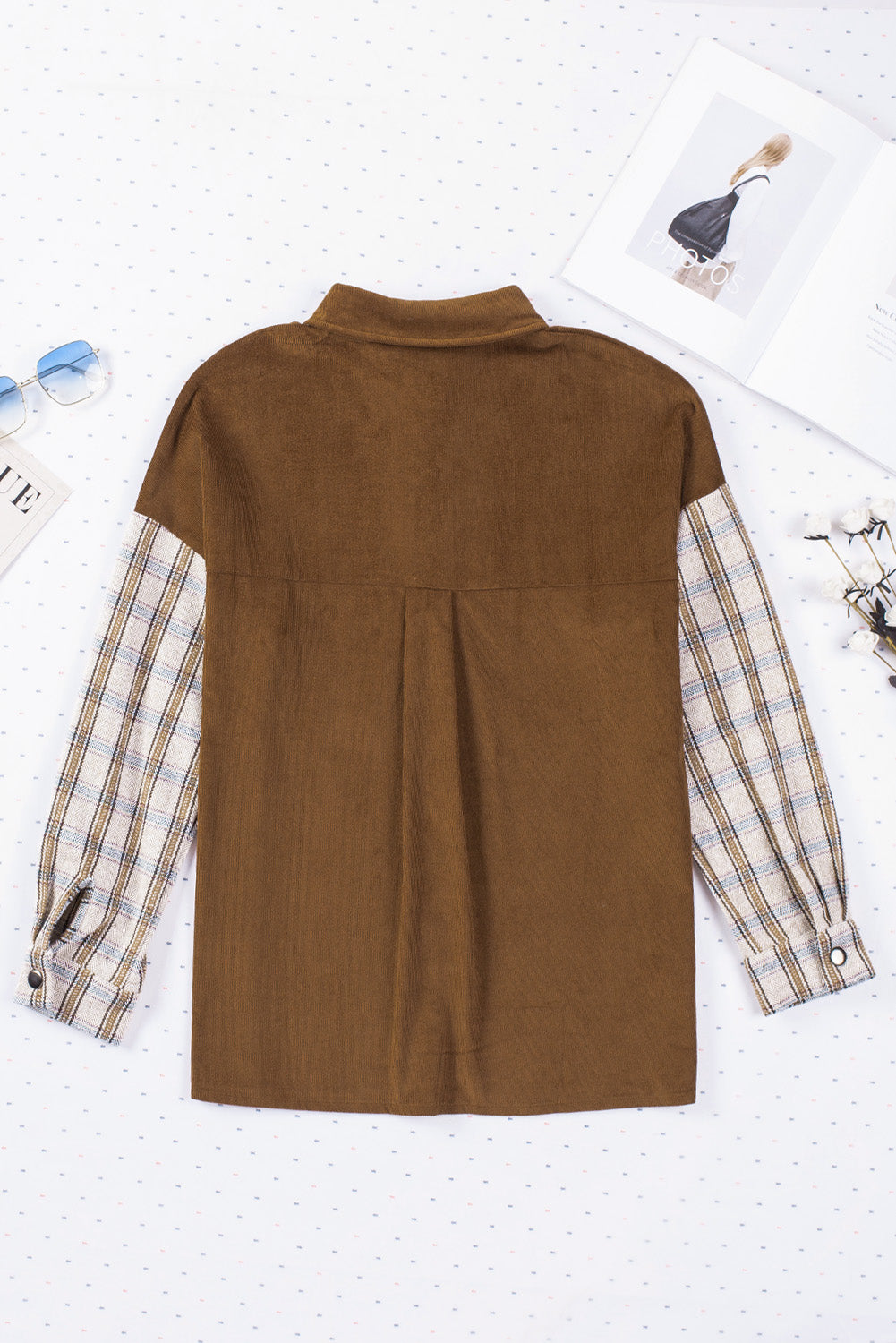 Women's Shirt Jacket Featuring Cord Plaid Patchwork