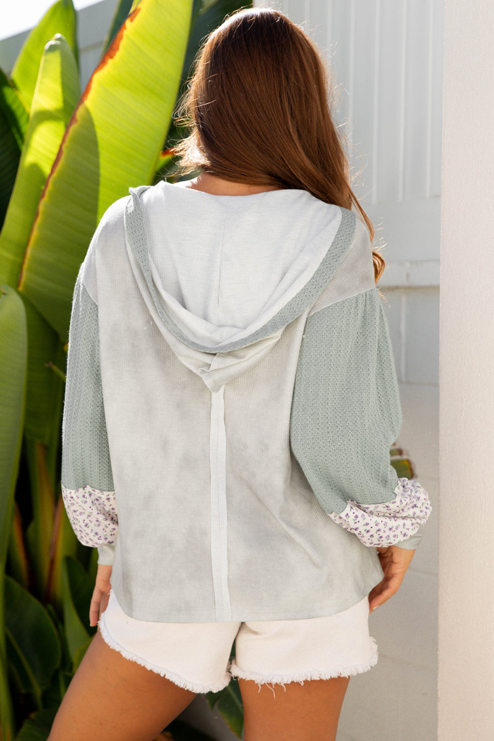 Floral Patched Waffle Textured Colorblock V-Neck Everyday Hooded Top