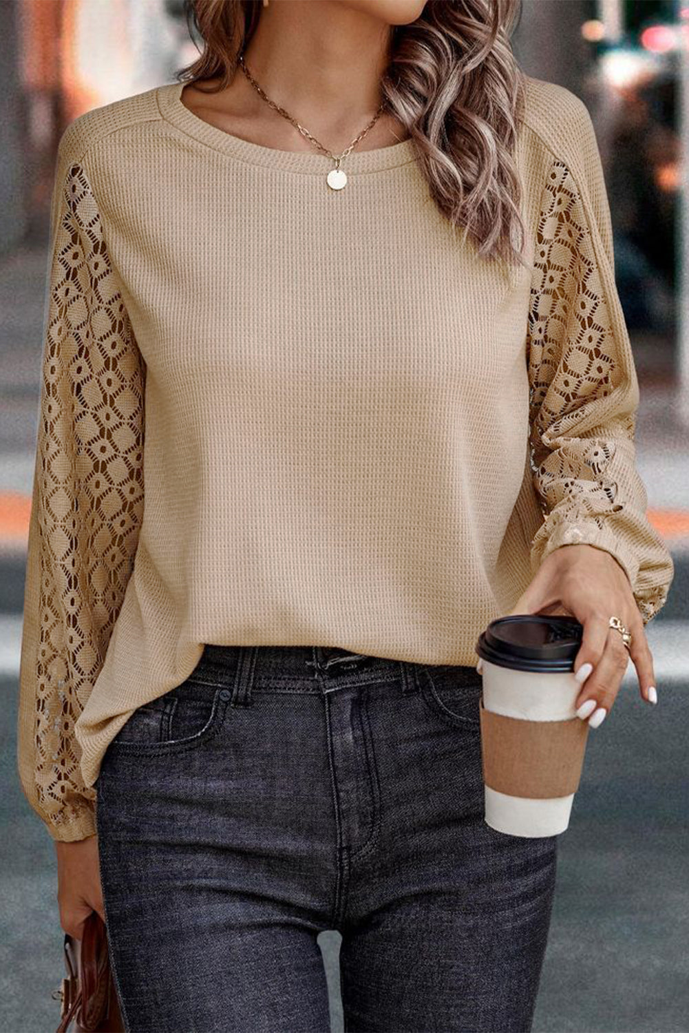 Women's Knit Top with Lace-Trimmed Patch Sleeve Waffle