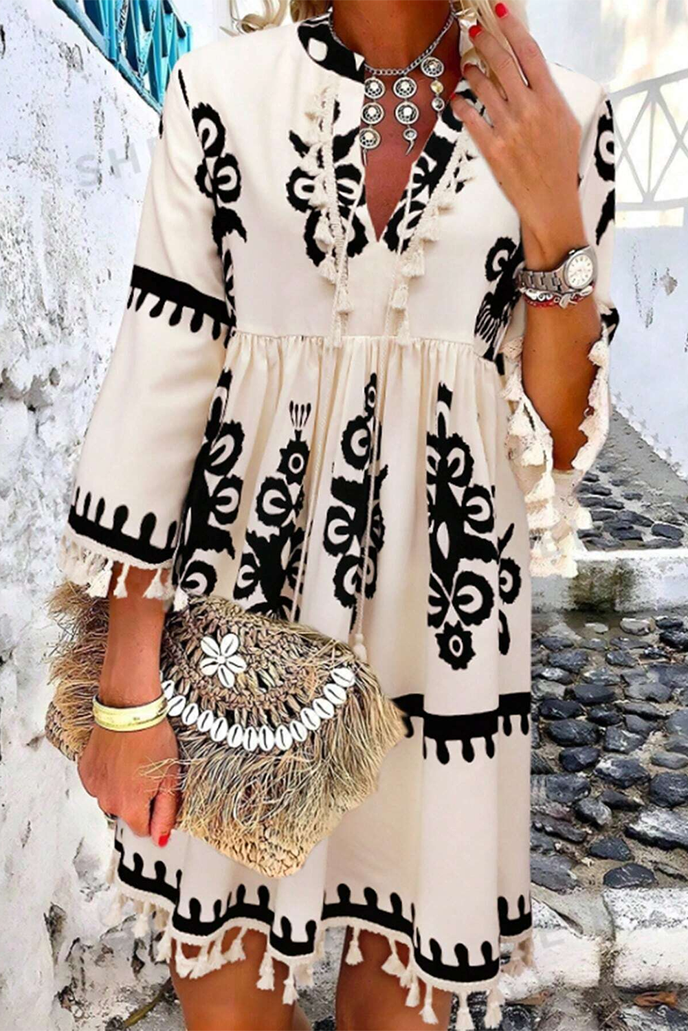 Women's Mini Dress with Western Pattern Tassel-Detail Notch