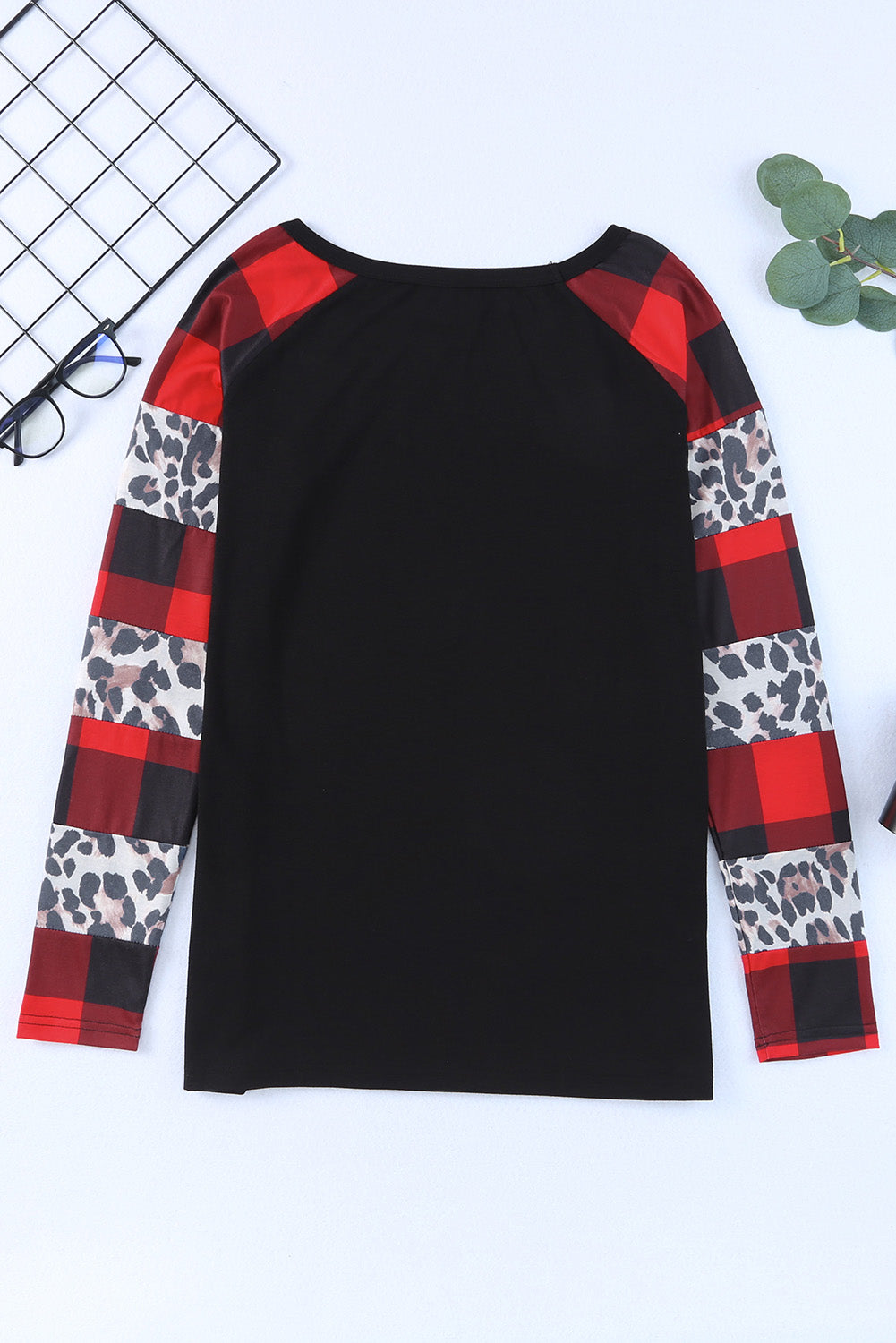 Women's Plaid Leopard-Print Print Long-Sleeve Top