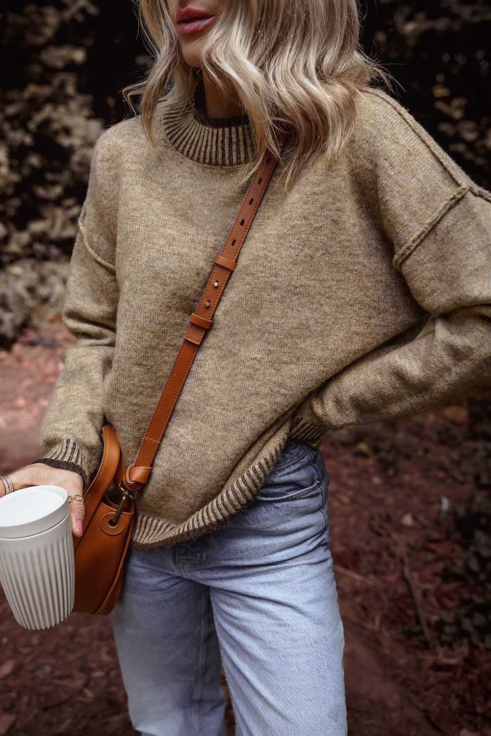 Contrast Trim Mock Neck Drop Shoulder Sweater