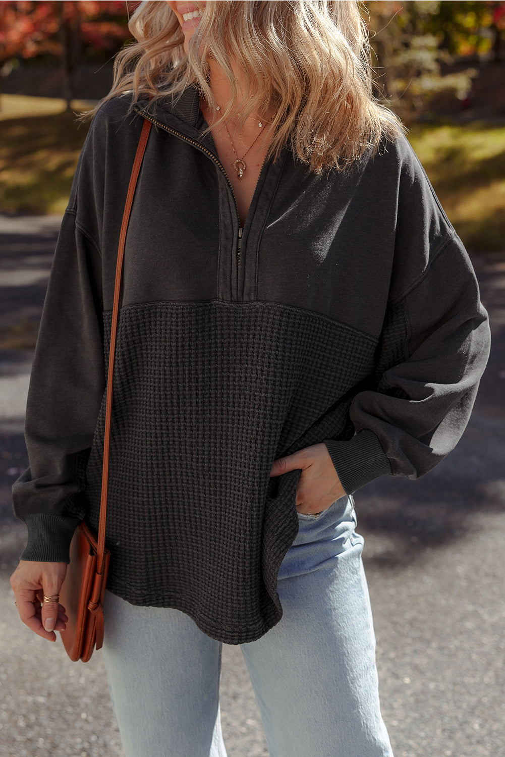 Waffle Half Knit Patchwork Zip Everyday Sweatshirt
