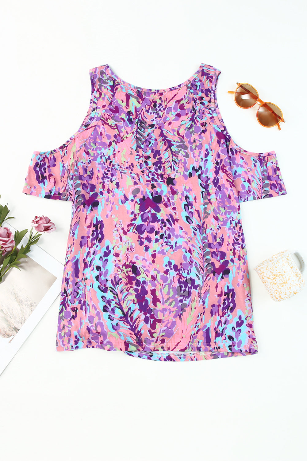 Women's Blouse Featuring Print Cold Shoulder Lavender Floral-Print